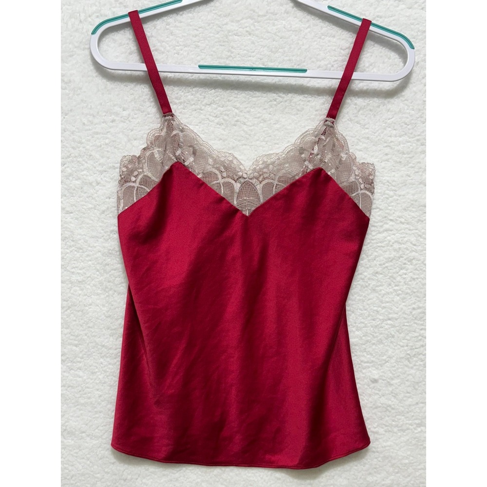 Flora Nikrooz XS Red‎ Cami Top Lace Trim Satin Sleeveless Tank Blouse